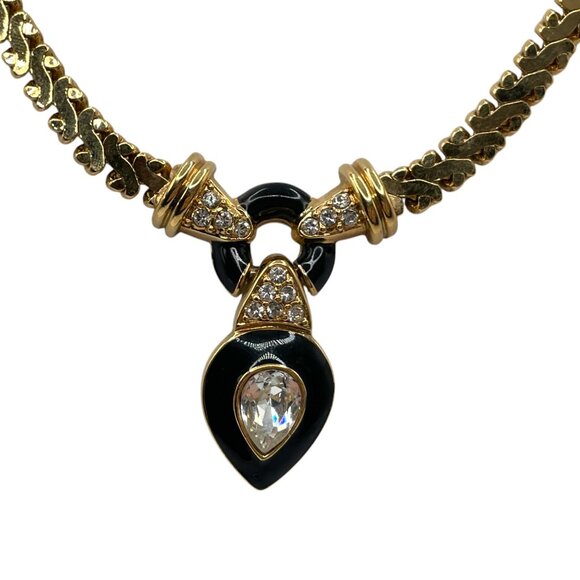 Vintage CORO China Crystal and Black Enamel Gold Tone Pendant Herringbone - Picture 2 of 7